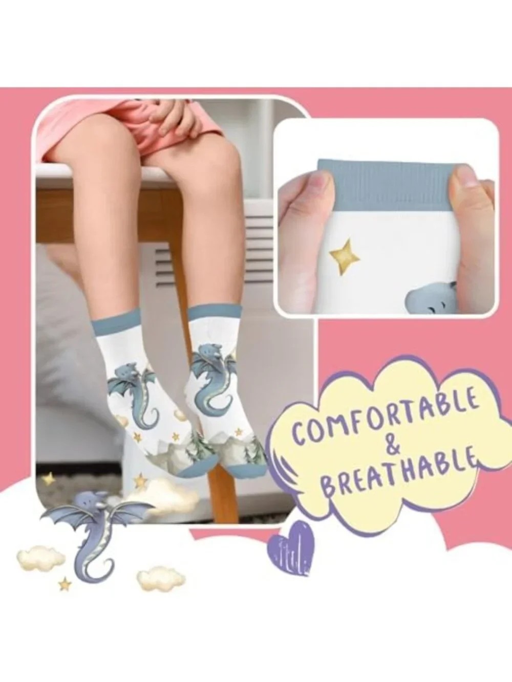 Funny Animal Printed Socks for Kids - Sloth, Dinosaur, Bee & Monkey - 6 Pairs